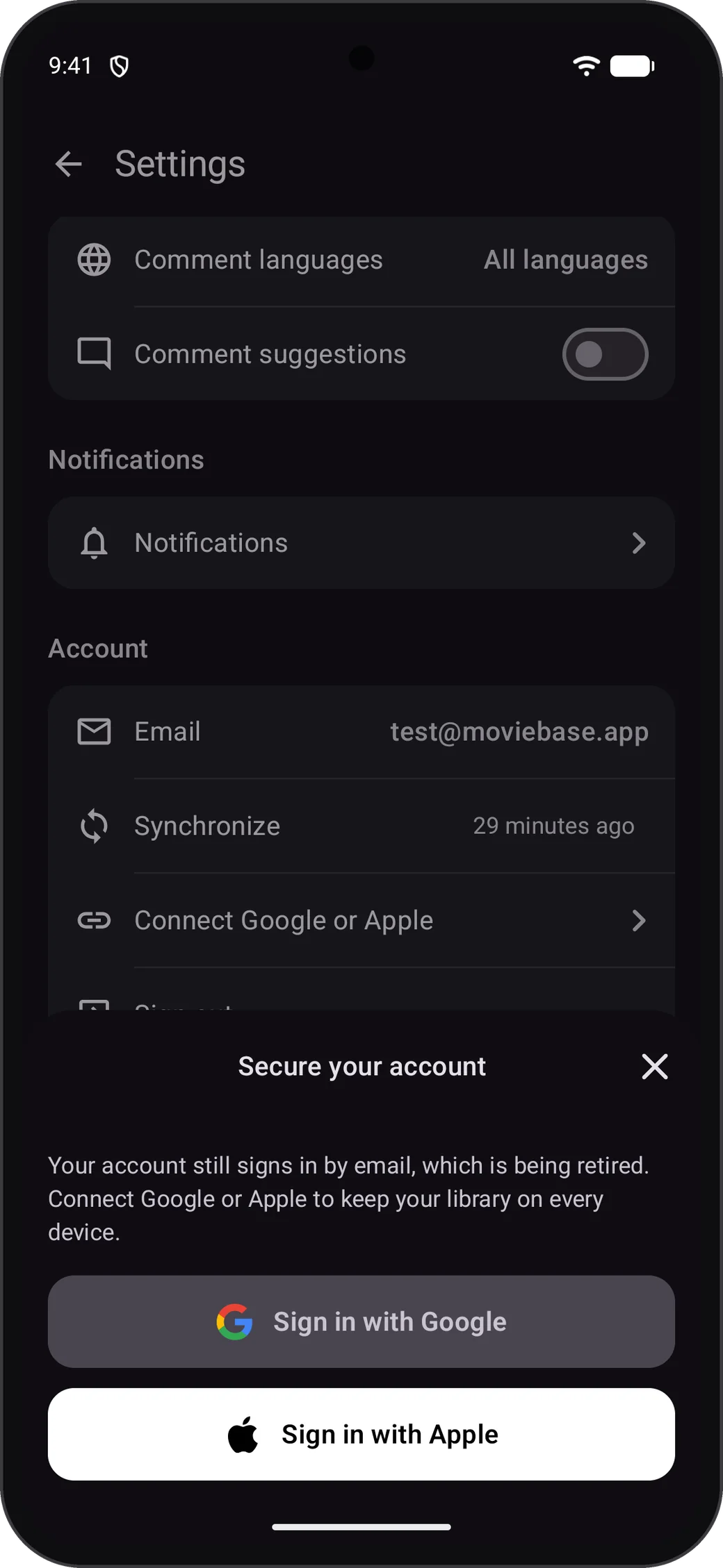 Sheet with Sign in with Google and Sign in with Apple buttons