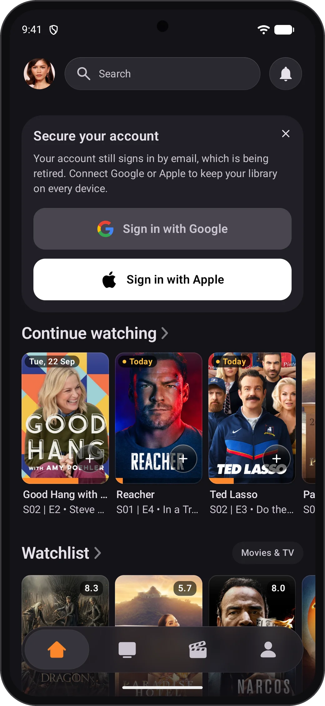 Moviebase home screen with the “Secure your account” banner