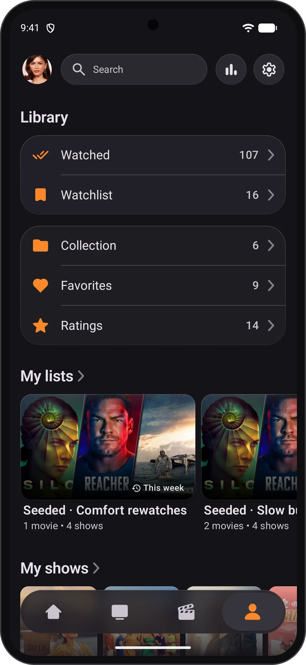 Moviebase profile screen with the Settings button
