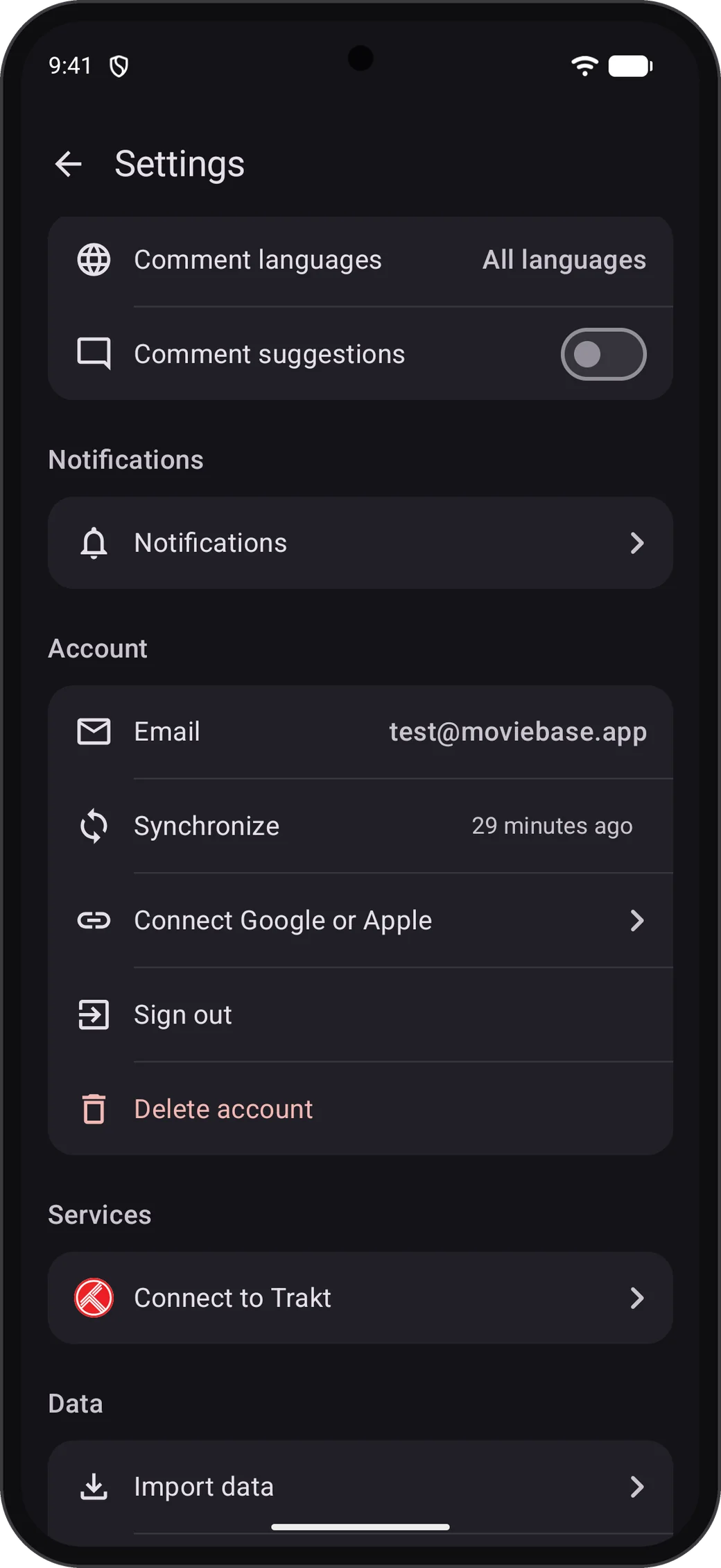 Account section in Moviebase settings with “Connect Google or Apple”