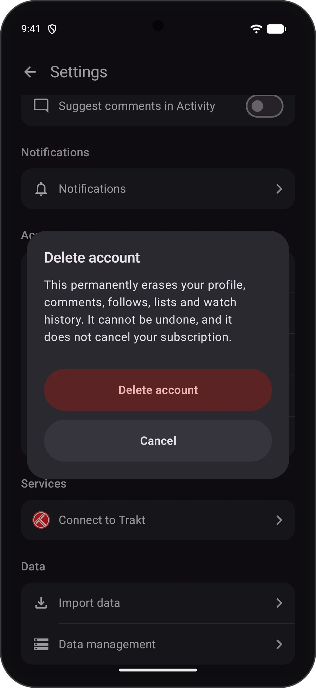 Moviebase dialog asking to confirm the account deletion