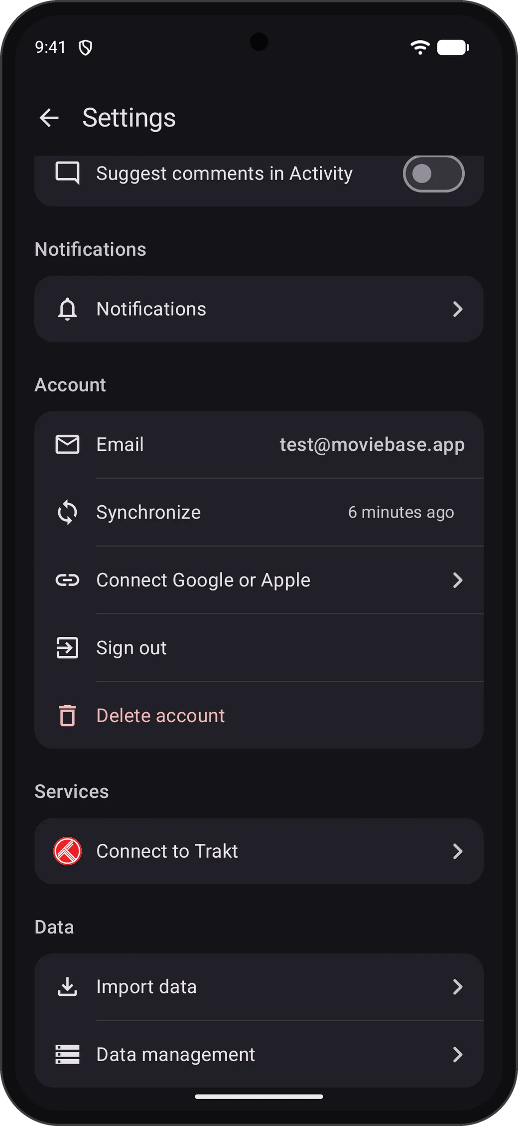 Account section in Moviebase settings with the Delete account row