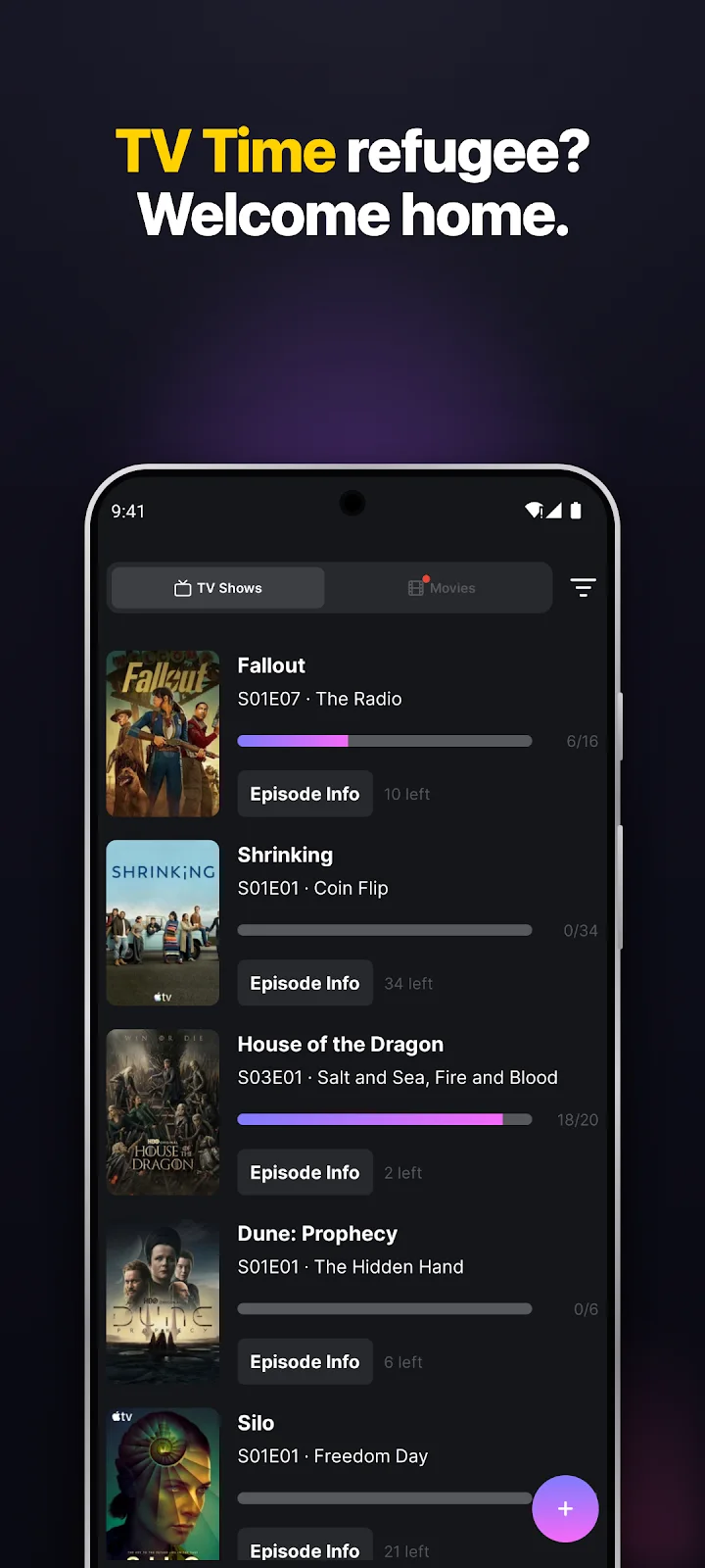 Hobi publisher screenshot: A next-episode list puts current shows and episode information together.