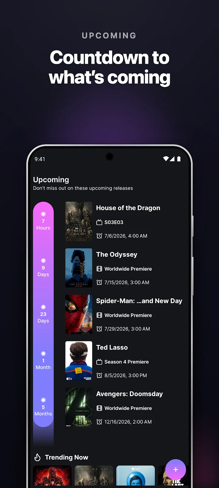 Hobi publisher screenshot: Release countdowns put upcoming movies and episodes in a date-based list.