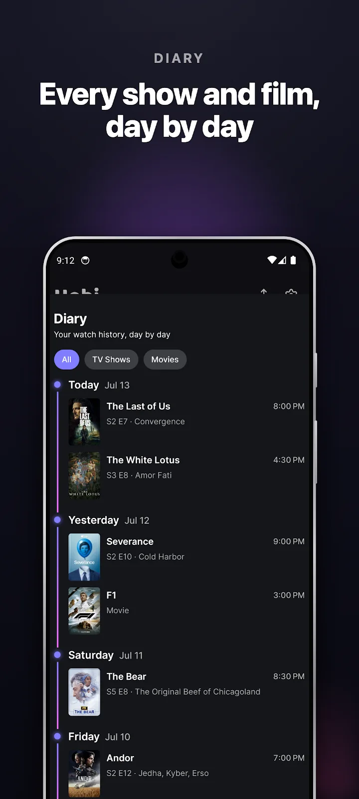 Hobi publisher screenshot: A dated diary combines films and shows in one timeline.