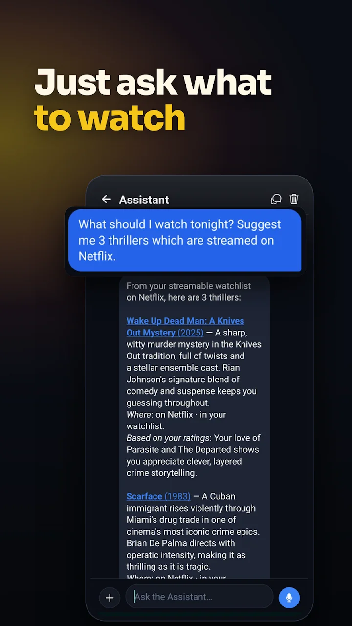 I Like Movies publisher screenshot: A discovery assistant responds to a viewing request in conversation.