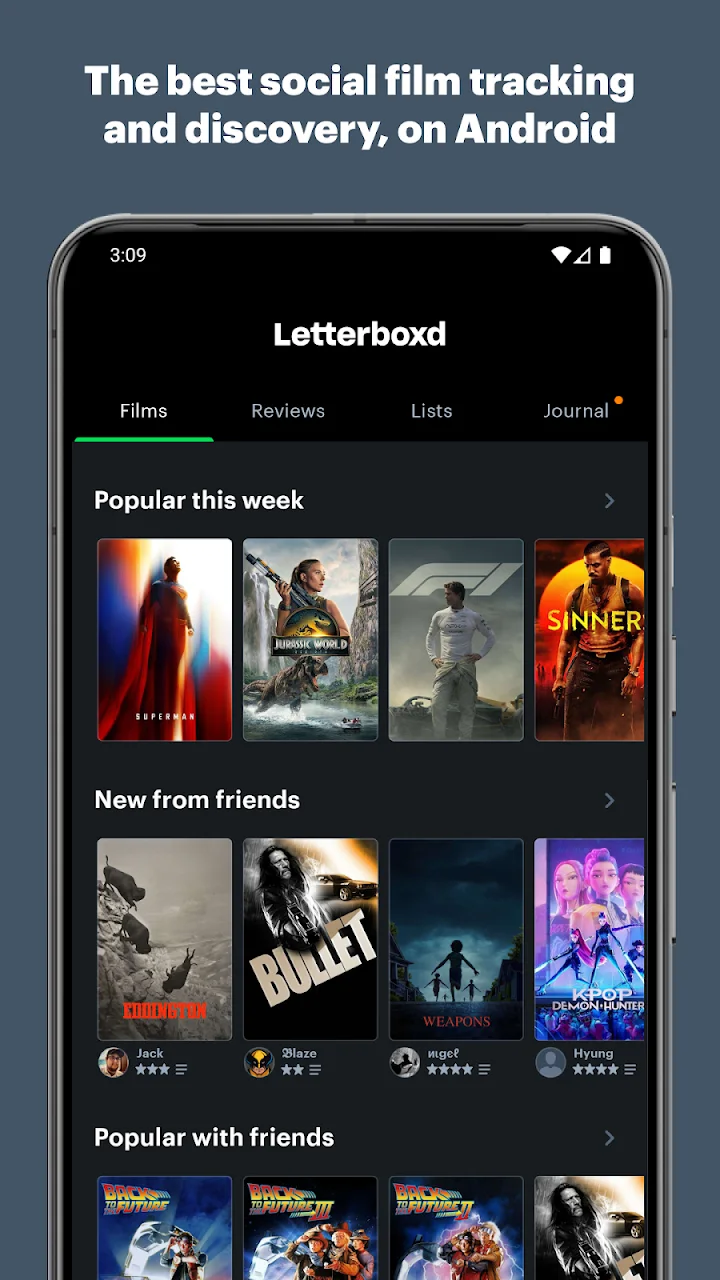 Screenshot do editor Letterboxd: Filmes populares e amigos partilham um feed focado em cinema.