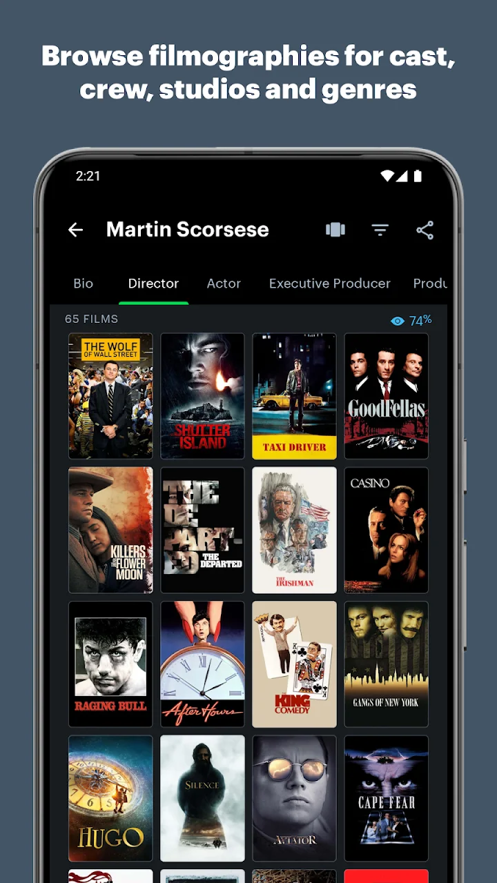 Screenshot do editor Letterboxd: As filmografias ligam o elenco e a equipa técnica aos seus filmes.