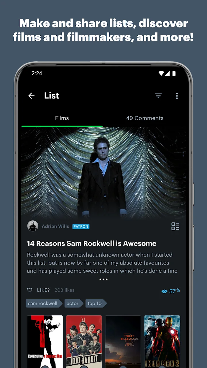 Screenshot do editor Letterboxd: Listas de filmes partilháveis que reúnem ideias editoriais e comentários.