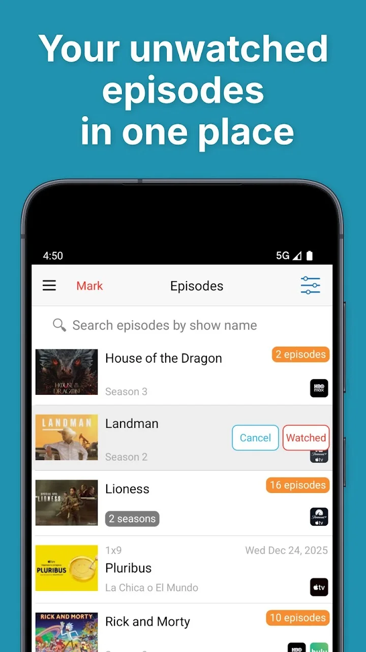 Next Episode publisher screenshot: Unwatched episodes are grouped by series in a compact list.