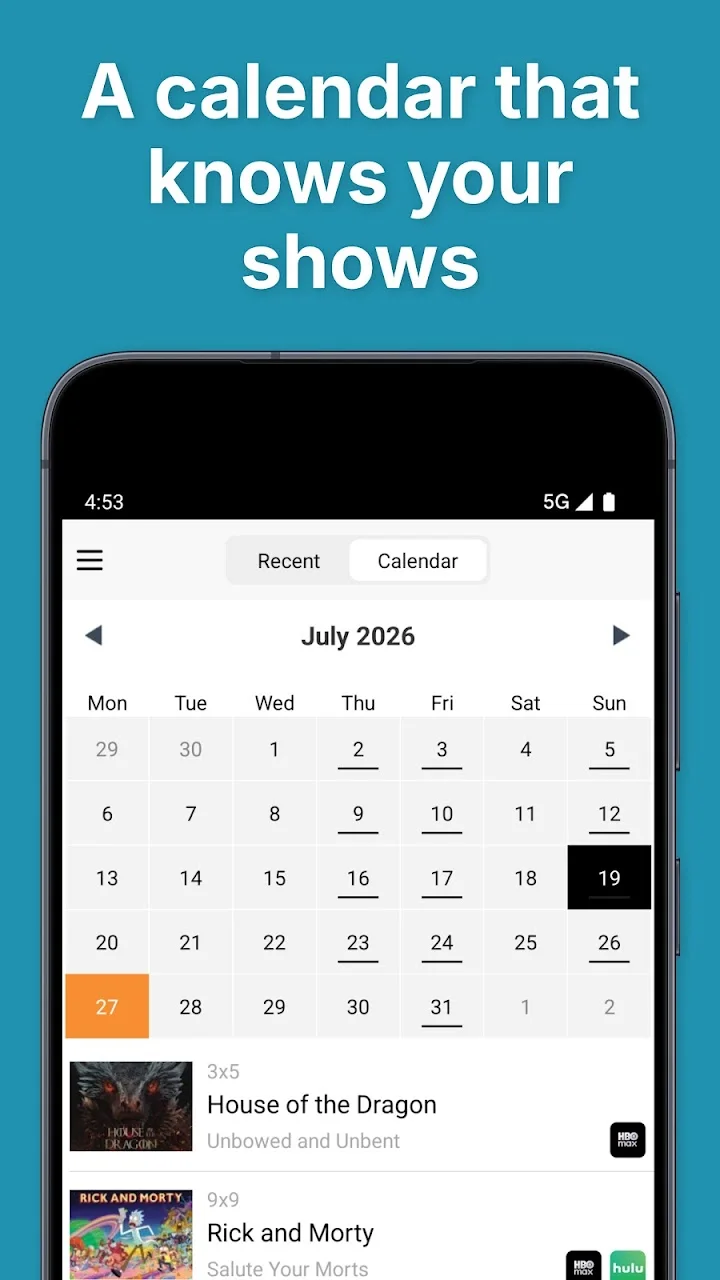 Next Episode publisher screenshot: A monthly calendar organizes approaching episodes by air date.