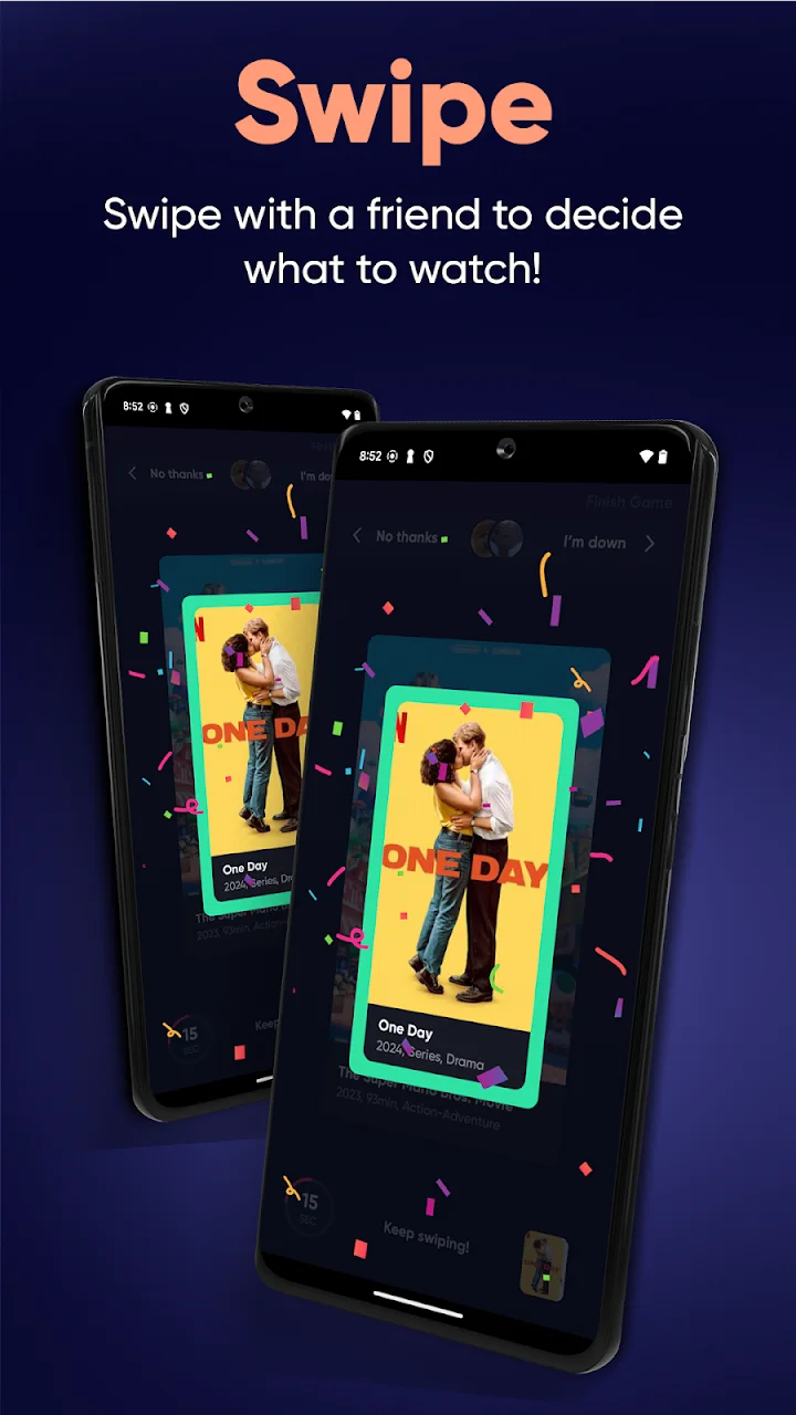 Queue publisher screenshot: Swiping with a friend helps agree on a title; Moviebase’s watchlist is a personal browsing workflow.