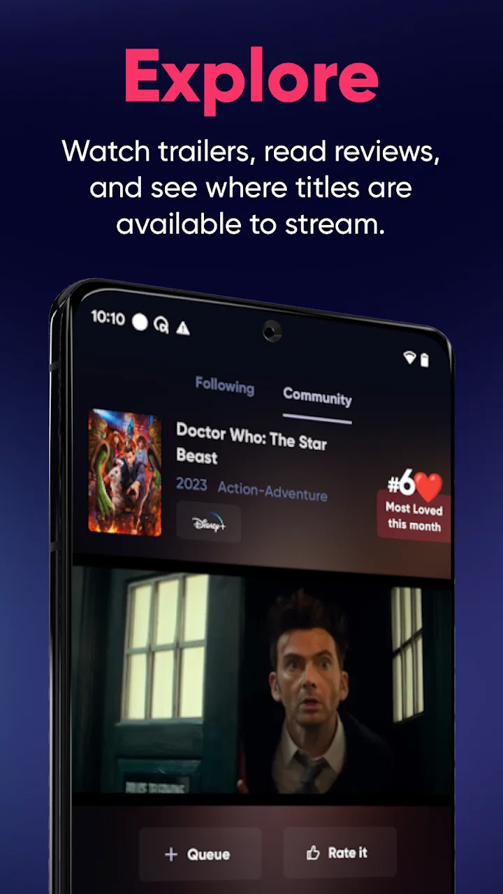 Queue publisher screenshot: A trailer feed combines previews with streaming destinations.