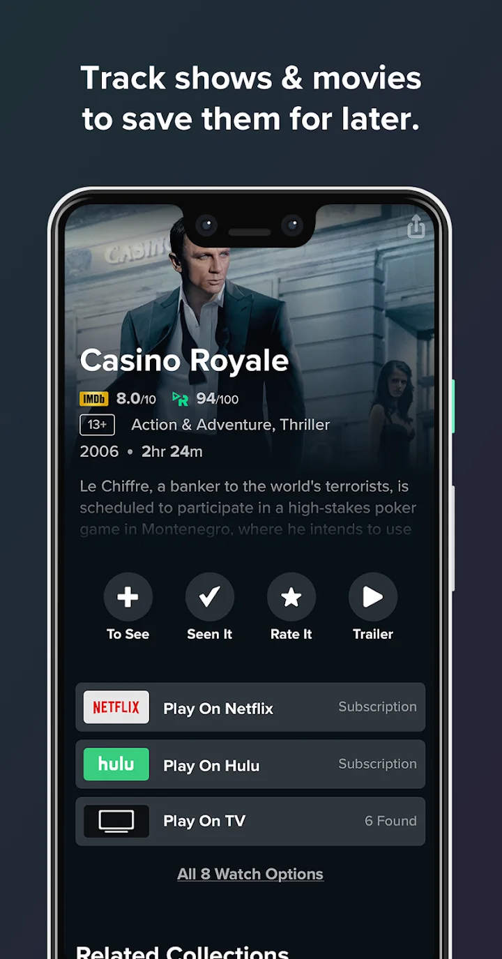 Reelgood publisher screenshot: A title watchlist action sits beside seen and rating controls.