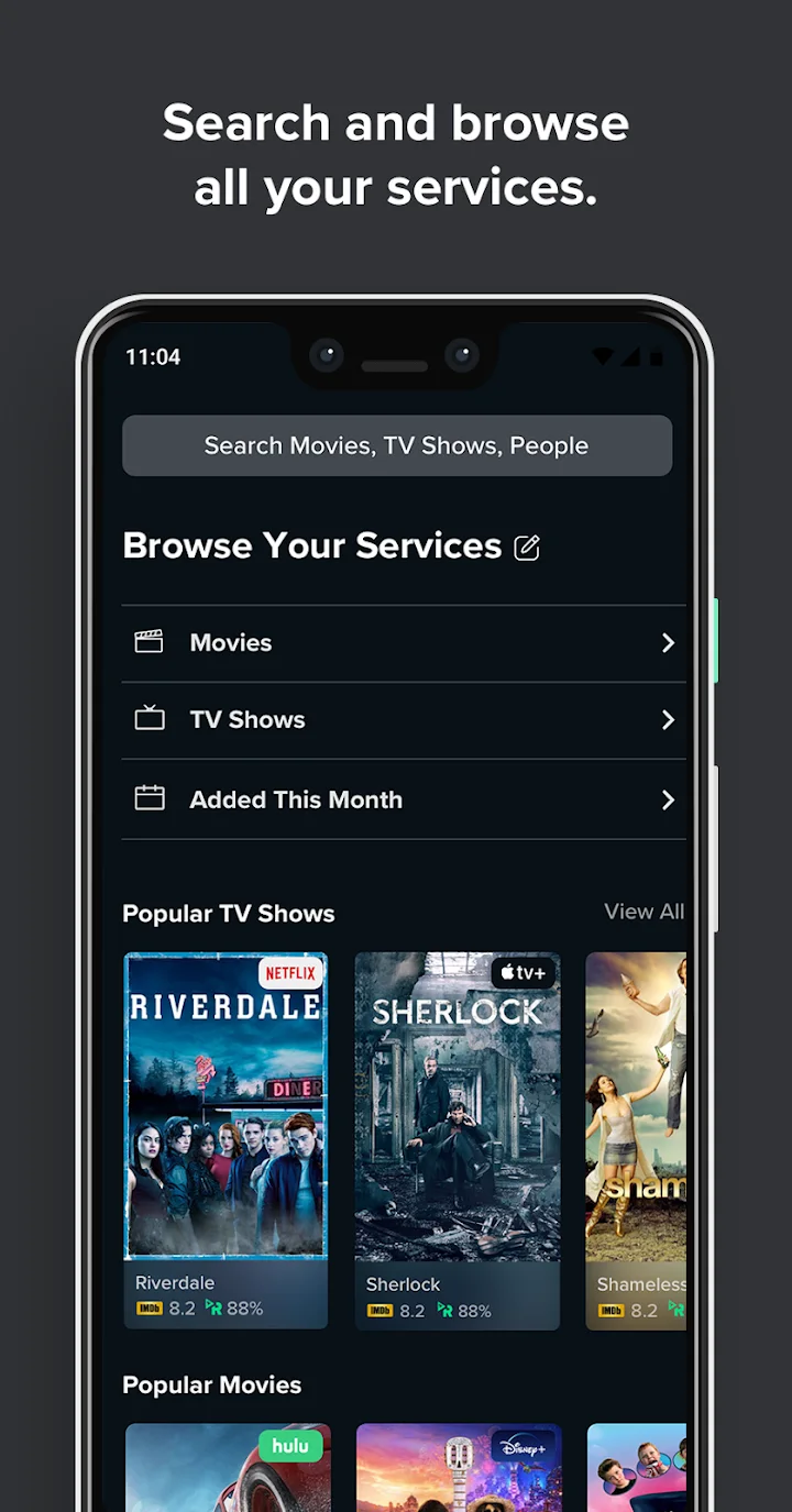Reelgood publisher screenshot: A service-based catalog groups movies and shows around available providers.