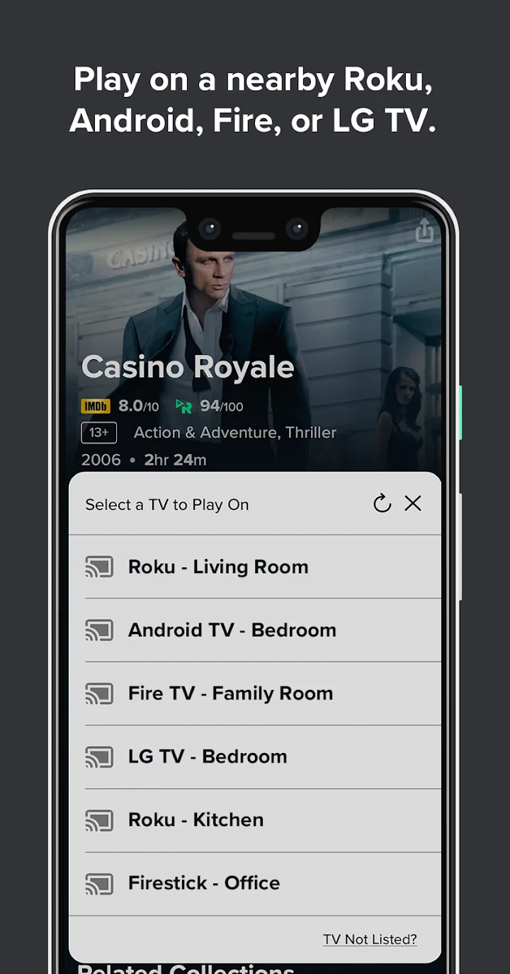 Reelgood publisher screenshot: Supported TV destinations appear in a device picker; Moviebase’s image shows external information links.