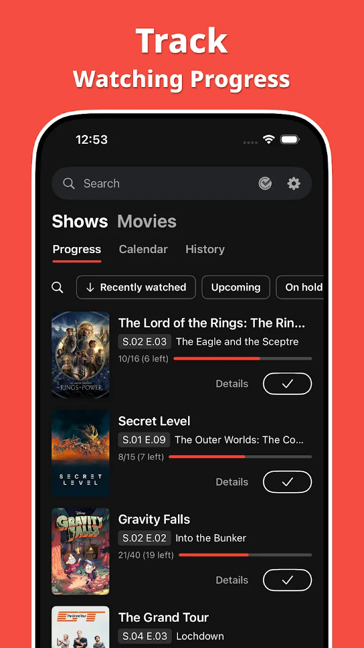 Screenshot da editora Showly: Os filtros de progresso separam títulos vistos recentemente, próximos e em espera.
