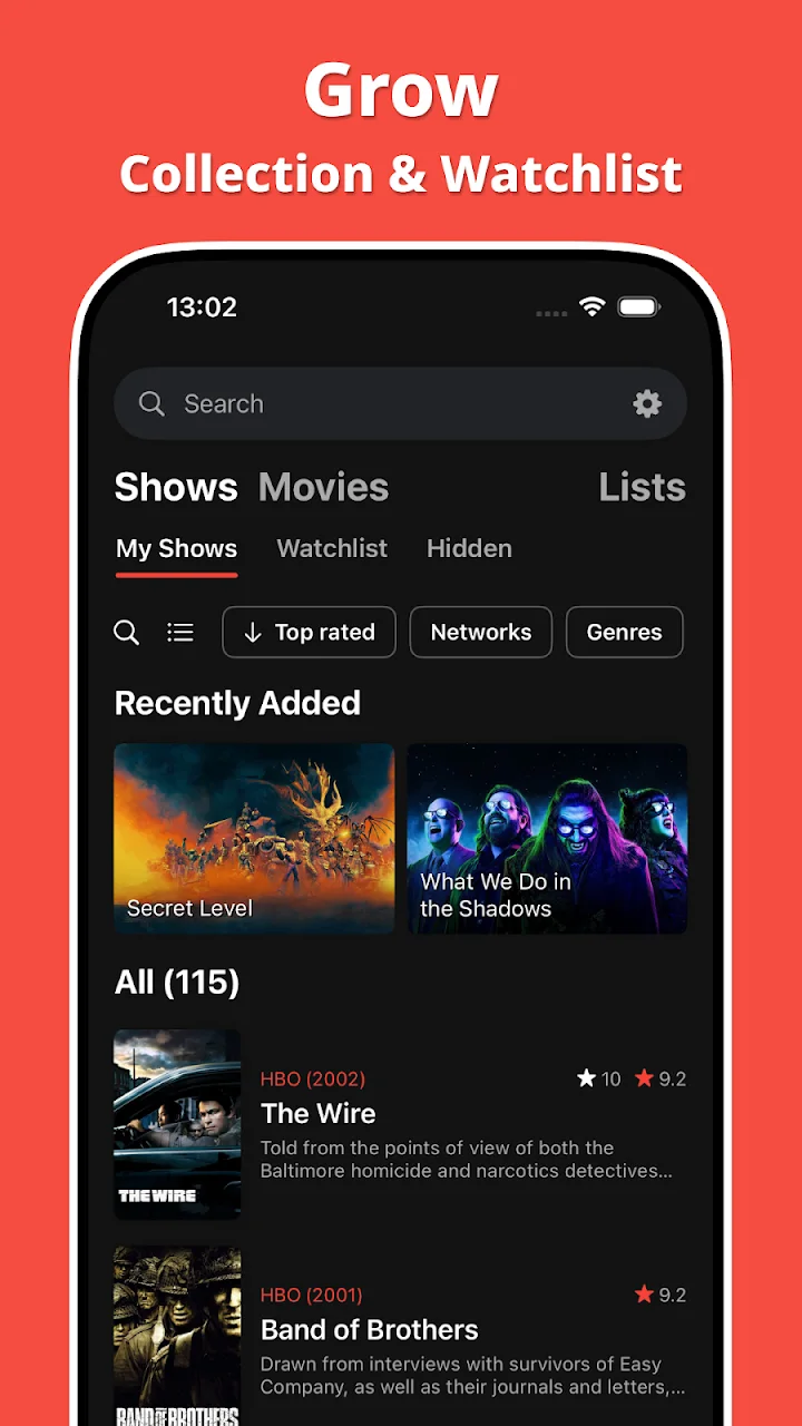 Screenshot do editor da Showly: os separadores de Coleção organizam séries, filmes, watchlist, títulos ocultos e listas.