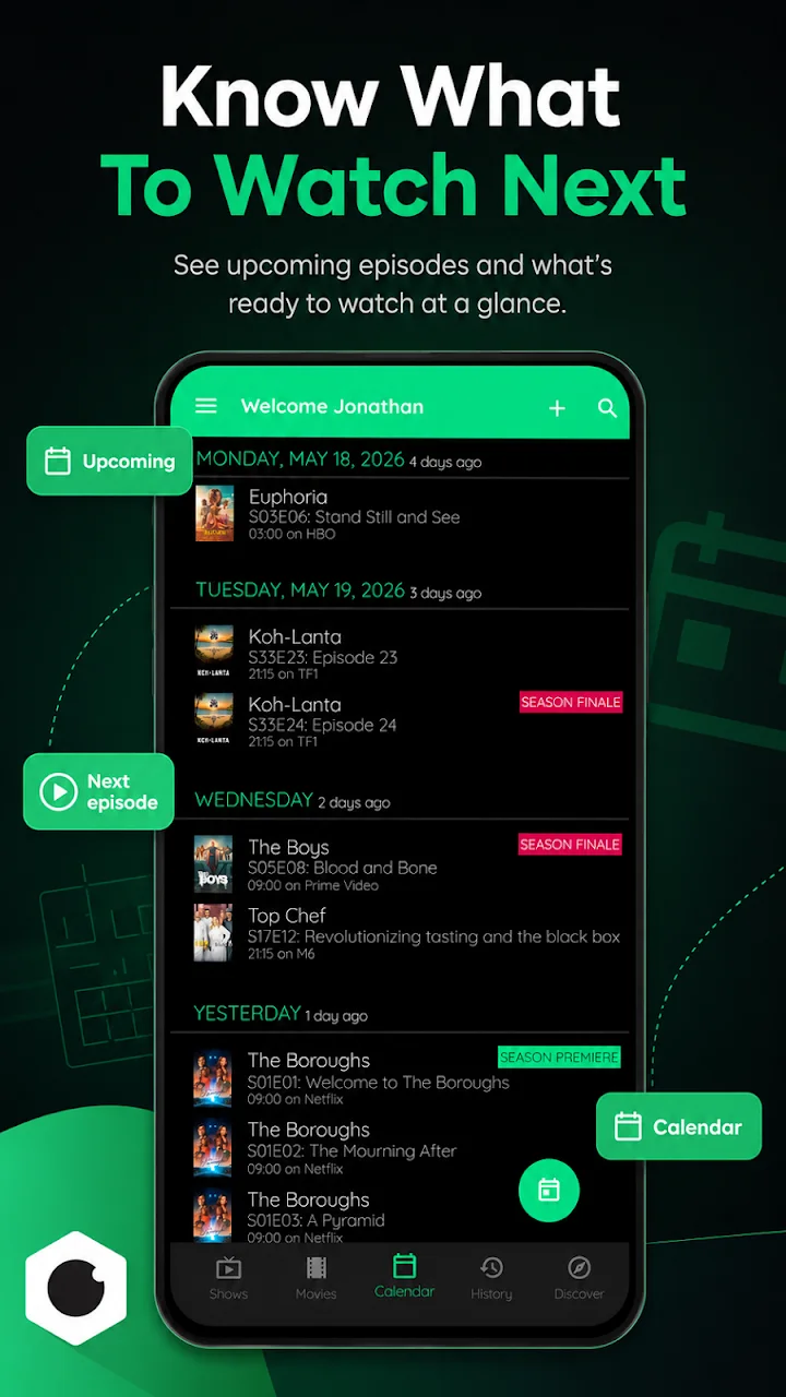 TV Show Tracker publisher screenshot: Upcoming and next episodes share a date-based tracking view.