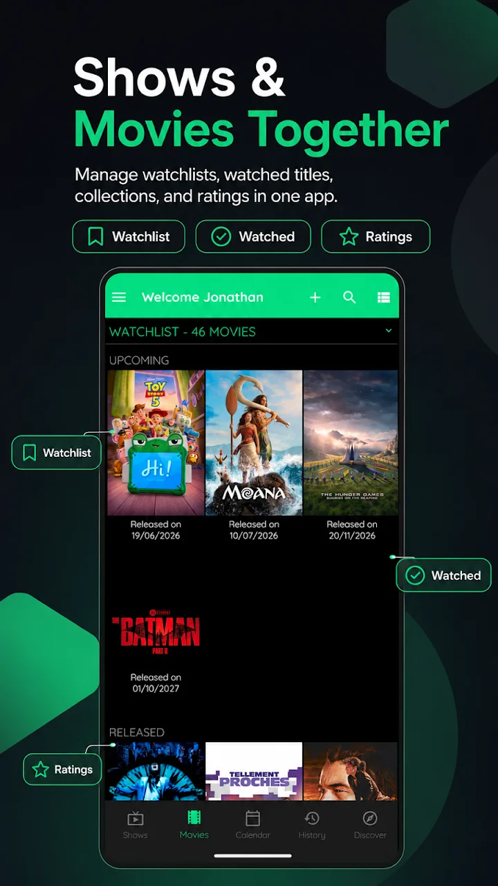TV Show Tracker publisher screenshot: Watchlist and watched tabs organize a movie collection.