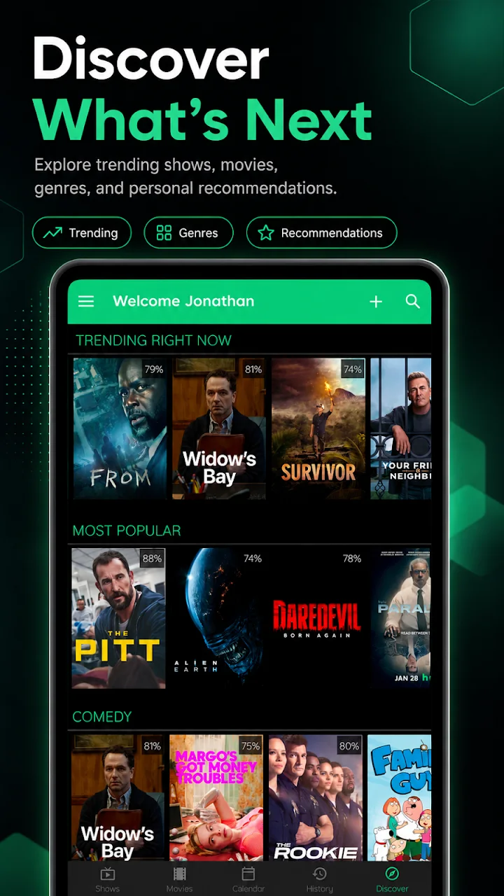 TV Show Tracker publisher screenshot: Trending discovery combines genre and recommendation entry points.