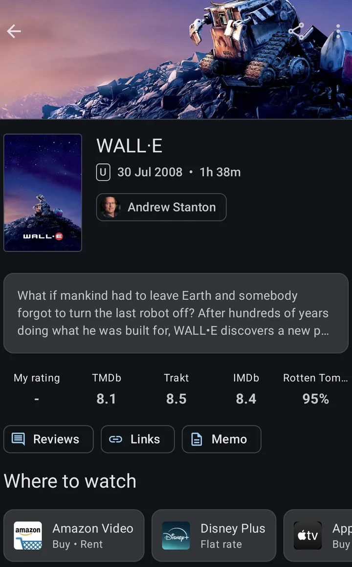 WALL·E의 CinExplore 타이틀 페이지는 평점과 시청 가능한 곳을 표시