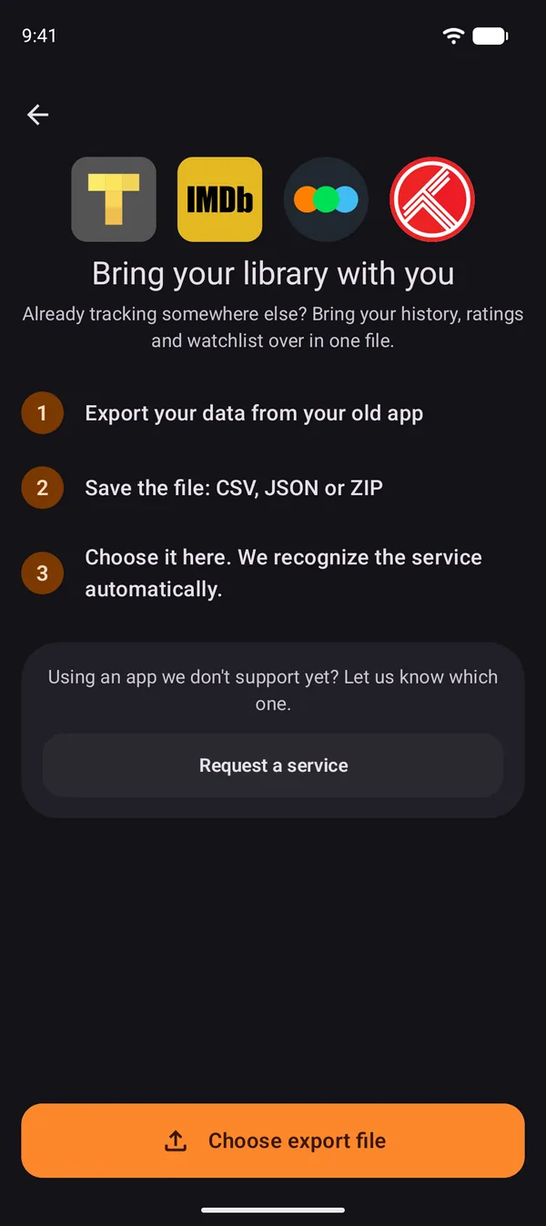 Moviebase Import data screen with three steps and the Choose export file button