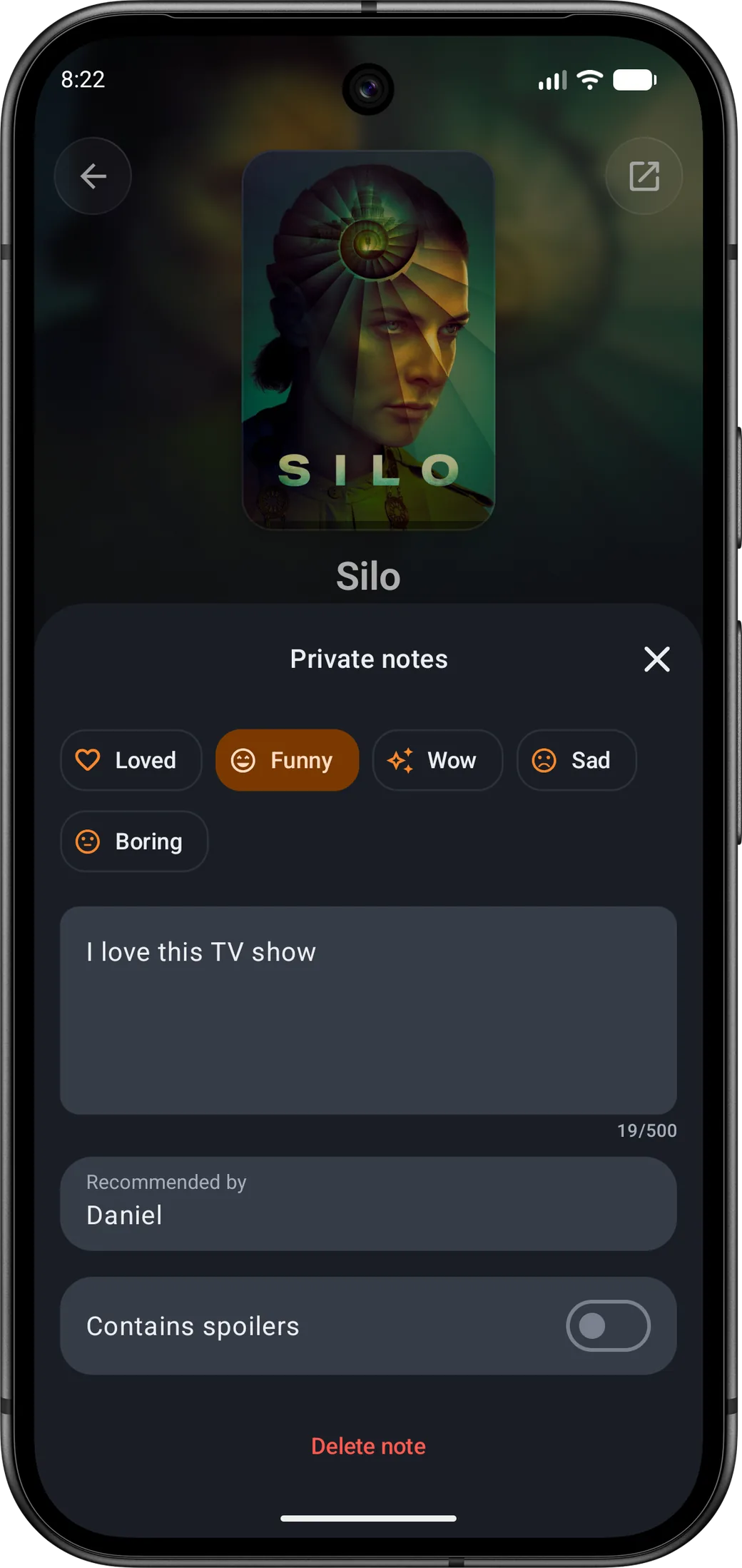 Moviebase app private notes screen with reactions and a personal note on a TV show