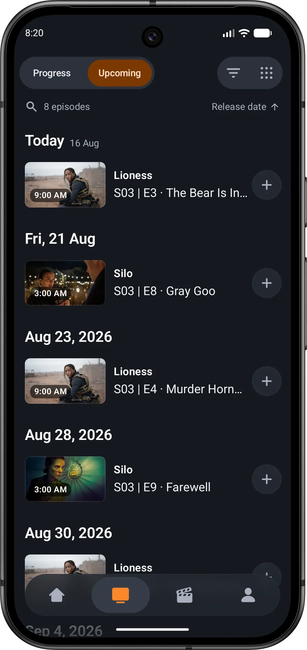 Moviebase app showing upcoming TV episodes grouped by air date