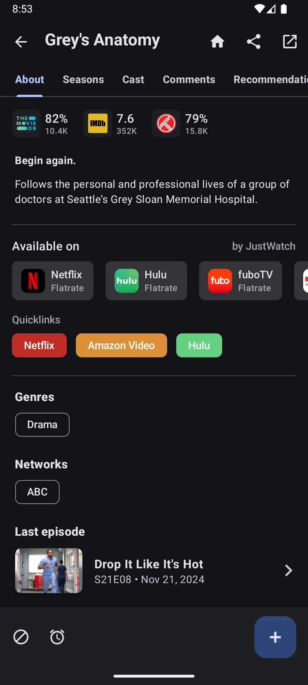 Moviebase app interface showing movie and TV show details from TMDB