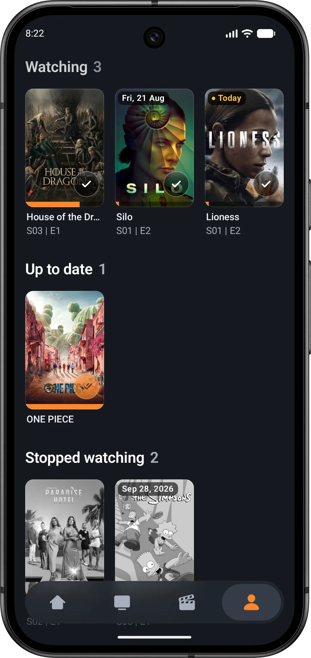 Moviebase app showing TV shows grouped into watching, up to date and stopped watching